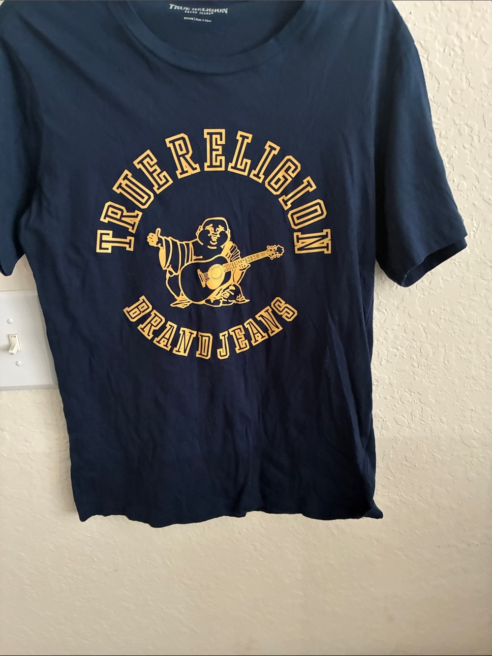 True Religion Navy Tee with Yellow Graphic Buddha
